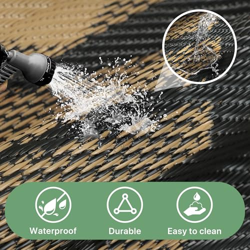 GENIMO Waterproof Outdoor Rug 9' x 12' for Patio Decor, Reversible Plastic Straw Area Rugs for Camping Clearance, RV Mat, Large Outside Carpet for Porch, Deck, Picni, Balcony, Garden, Black & Brown