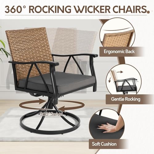Andehomy 5-Piece Patio Dining Set for 4，Outdoor Dining Set with Wicker Swivel Patio Dining Chairs with Cushions & 1 Black Square Woodgrain Dining Table with 1.75”Market Umbrella Hole, Black & Brown