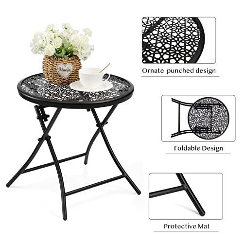 TeoKJ Folding Small Outdoor Side Tables, Anti Rust Small Patio Table Round Metal Nightstand with Flower Cutouts for Porch Yard Balcony Deck Lawn, Black