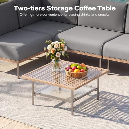 EO Living 5-Piece Modular Outdoor Patio Furniture Set, PE Rattan Sectional Conversation Sofa with Tempered Glass Table and Machine-Washable Cushions (Grey)