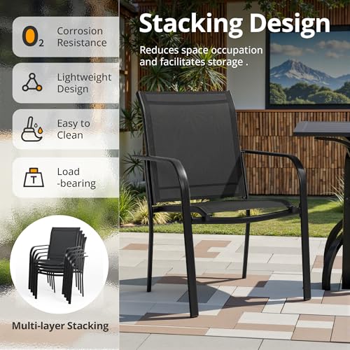 SUNCROWN 8 - Piece Outdoor Dining Set, Patio Furniture Set with 6 Textilene Dinning Chairs, 1 Rectangle Metal Table and 1 Brown 9Ft Patio Umbrella for Lawn Garden Backyard Deck, Black