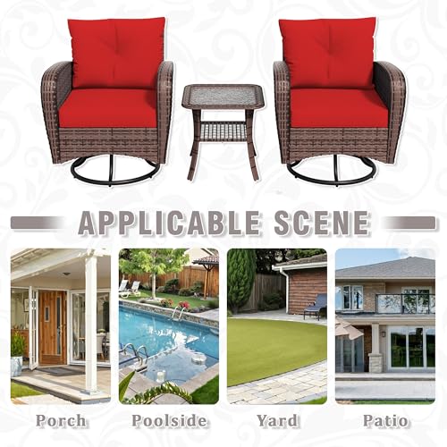 Qsoer 3 Piec Patio Bistro Set with 2 Rocking Chairs & Table, 360° Swivel PE Wicker Outdoor Furniture, Heavy-Duty Steel Frame,Weatherproof Cushions, Red
