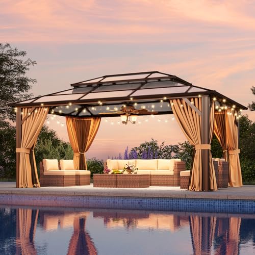 Aoxun 12'x16' Hardtop Gazebo, Outdoor Metal Gazebo with Double Polycarbonate Roof Canopy, Permanent Pavilion with Netting and Curtains for Lawn, Garden, Patio (Brown)