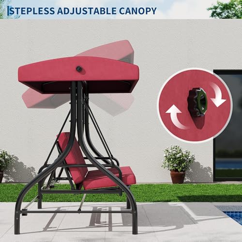 IDEALHOUSE Porch Swing with Stand, 3 Seat Outdoor Patio Swing, 2-in-1 Convertible Swing Bed, Stepless Adjustable UV Resistant Waterproof Canopy, 800 Lbs Capacity, Cushioned Swing for Garden Backyard