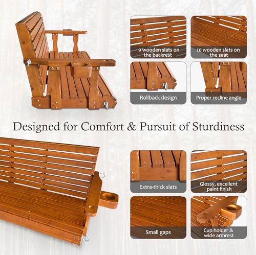 Wooden Porch Swing 3-Seater, Bench Swing with Cupholders, Hanging Chains and 7mm Springs, Heavy Duty 800 LBS, for Outdoor Patio Garden (Warm Teak Color, 5 FT Extra Large)