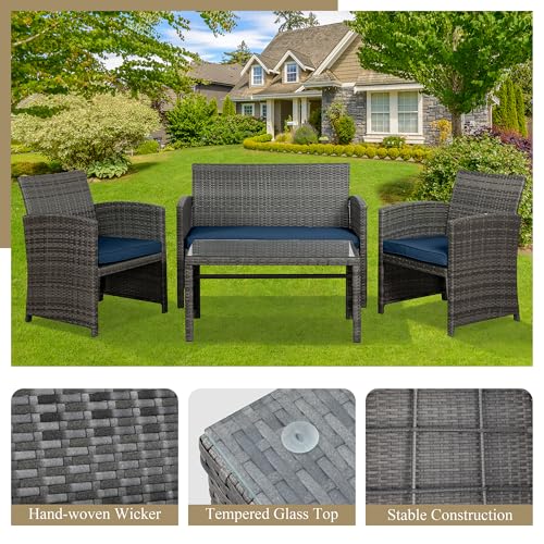 JAMFLY 4 Piece Outdoor Patio Furniture Set, Outdoor Wicker Rattan Chairs Conversation Sets with Cushions & Coffee Table for Outside, Garden, Balcony, Porch, Dark Blue
