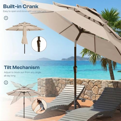Patio Kingdom 10ft Patio Umbrella, 3 Tier Outdoor Market Table Umbrellas with 8 Fiberglass Ribs and Push Button Tilt, Windproof, Vented Canopy, UV Protection for Deck, Pool, Backyard, Beige