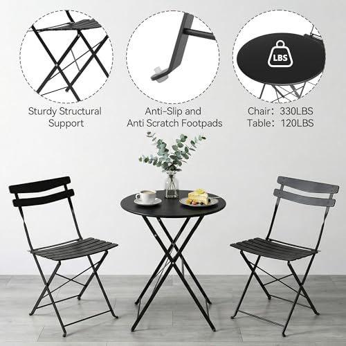 IDEALHOUSE Bistro Table and Chairs Set of 2, 3-Pieces Patio Bistro Set, Folding Design, No Assembly Need, Outdoor/Indoor Outdoor Patio Furniture Set for Balcony Yard Garden, Black