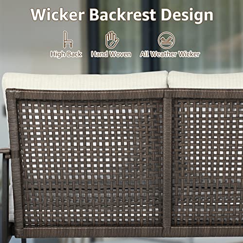 NATURAL EXPRESSIONS Patio Loveseat Sofa Outdoor Furniture Metal Chair with Wicker Backrest & 6 Inches Cushion for Indoor, Front Porch, Deck, Balcony, Backyard, 51.77"(L) x 29.75"(W) x 33.86"(H).