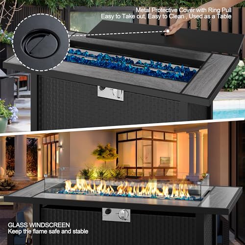 45 inch Outdoor Propane Fire Pit 50,000 BTU Gas Fire Pit Table with Lid, Glass Wind Guard, Waterproof Cover, Rectangle Gas Firepit Table for Garden/Patio, CSA Certification