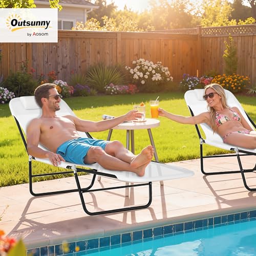 Outsunny Folding Chaise Lounge Chair, Pool Sun Tanning Chair, Outdoor Lounge Chair with Reclining Back, Breathable Mesh Seat, Headrest for Beach, Yard, Patio, Cream White
