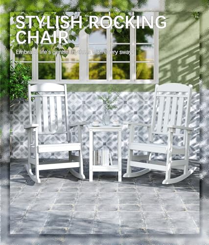 FOOWIN Patio Rocking Chairs Set of 2,HDPE High Back Porch Rocker,All Weather Resistant Poly Lumber Outdoor Porch Rocker, Rocking Chairs for Outdoor, Indoor, Patio, Deck, Garden White