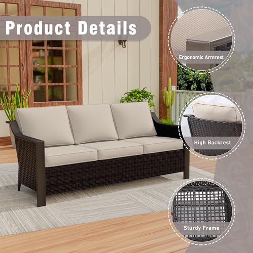 Qsoer 3 Piece Wicker Patio Conversation Set, All-Weather Use Outdoor Wicker Sofa with 2 PE Rattan Chair, Removable Water-Resistant Cushion, Ideal for Porch, Backyard, Balcony, Poolside, Beige