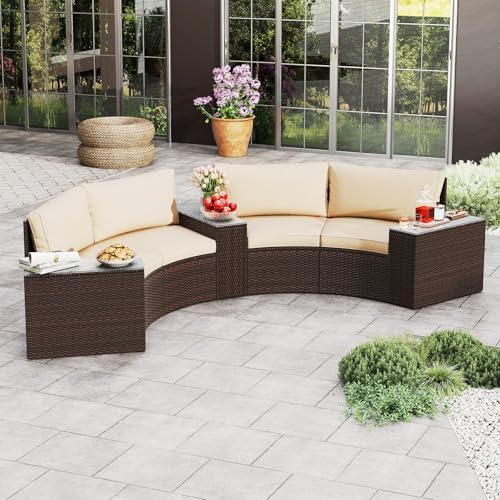 Tangkula 5 Pieces Patio Furniture Set, PE Rattan Half-Moon Curved Sectional Sofas with Tempered Glass Top Side Tables, Outdoor Conversation Set for Porch, Backyard & Poolside (Beige)