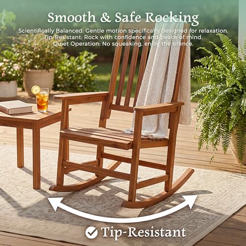 Devoko Outdoor Rocking Chair Acacia Wood Porch Rocking Chairs, Outdoor Chairs with Widened Armrest for Porch, Poolside, Balcony and Yard, Natural (1 Chair)