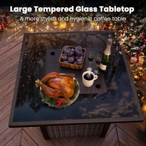 Propane Fire Pit Table, Outdoor Fire Pit Table, 28" Rattan Square Outdoor Gas FirePit with Glass Wind Guard, Tempered Glass Tabletop, Lid, CSA Listed, 50,000 BTU, Outside Patio Deck & Garden, Brown