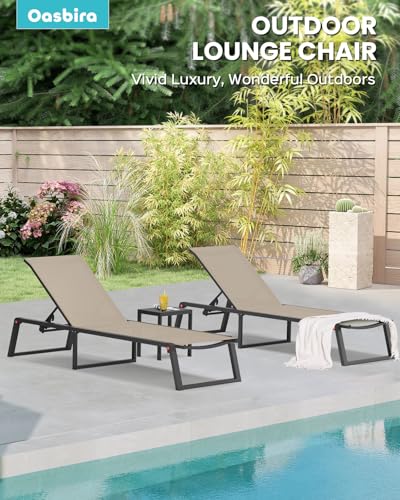 Oasbira Aluminum Chaise Lounge Chair Outdoor, Foldable& No Assembly Patio Pool Lounge Chairs 5-Position Recliner for Outside, Fully Grounded Legs Sun Lounger for Poolside, Khaki