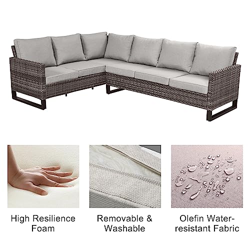 Belord Outdoor Sectional Sofa 6 Seater L Shaped Couch Wicker Patio Conversation Furniture Set with Tree-Grain Finish Metal Dining Table, Rattan Outdoor Furniture with Removable Washable Cushion Beige
