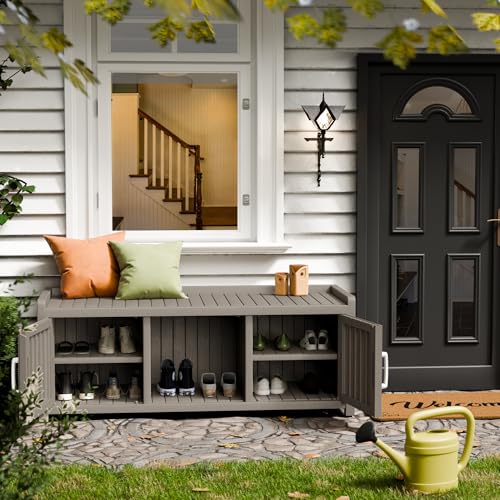 Trygoal Storage Bench - Waterproof Resin Shoe Bench with Adjustable Shelves - Indoor & Outdoor Use, 2 Doors Entryway Bench with Hidden Storage Space - Storage Cabinet for Bedroom, Hallway, Grey