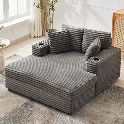 GarveeHome 60-inch Oversized Chaise Lounge Chair Indoor, Comfy Corduroy Lounge Sofa with Charging Station, Cup Holders & Throw Pillows, Cozy Sleeper Couch for Living Room Apartments, Grey