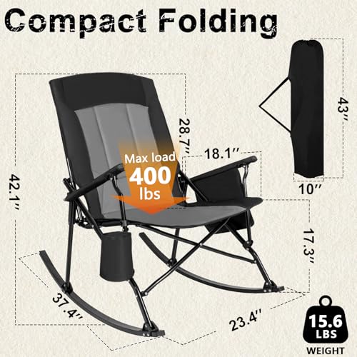 Romswi 2 Pack High Back Portable Rocking Chair with Hard Armrests, Oversized Folding Rocker Camping Chairs for Outdoor, Heavy Duty 400 lbs Patio Lawn Chairs