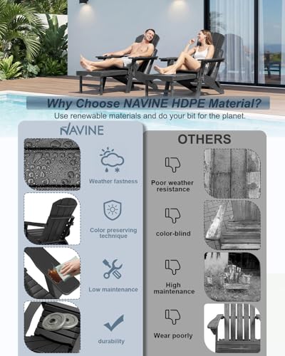 NAVINE Adjustable Adirondack Chair with Retractable Ottoman Set of 2, HDPE Folding Adirondack Chair with Cup Holder, All Weather Fire Pit Chair for Outdoor.