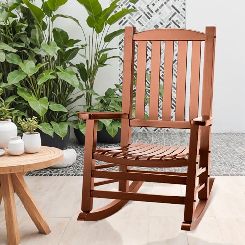 Besunbar Wooden Outdoor Rocking Chair, Oversized Patio Rocking Chair w/400lbs Support & High Backrest | Porch, Lawn, Garden, Backyard，Natural