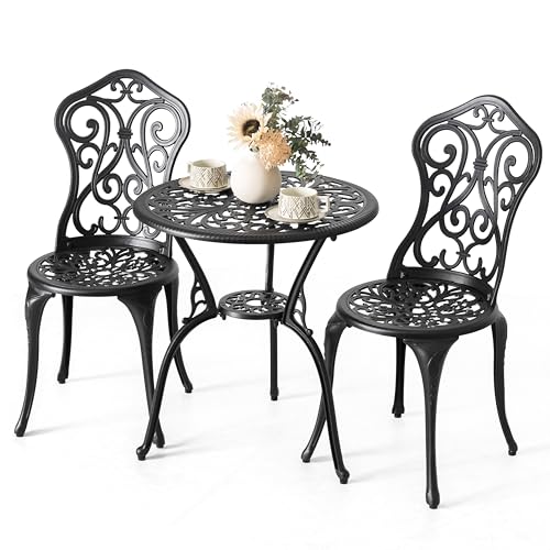 NUU GARDEN 3 Pieces Patio Bistro Set, Outdoor Bistro Set with 2 Chairs, Round Table with Umbrella Hole, All-Weather Outdoor Patio Bistro Set for Garden, Lawn, Poolside, Porch, Black