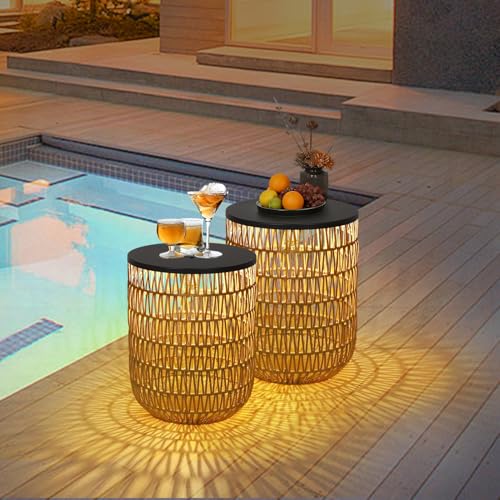 HMVPL Solar Outdoor Side Table Set of 2 with Dimmable Light, Round Patio Side Table for Outside, Outdoor End Accent Tables, Plastic Rattan Patio End Table for Poolside Backyard Gazebo, Dusk to Dawn