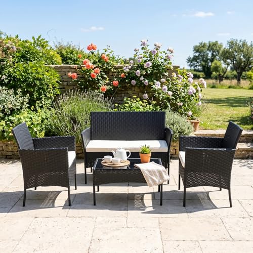 FDW | 4-Piece Patio Furniture Set | Black | Outdoor Wicker Furniture with Coffee Table | Modern Rattan Chairs Conversation Set | Outdoor Seating | Weather-Resistant | for Porch, Garden, Lawn