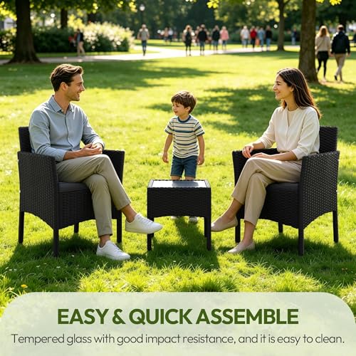 Yaheetech 3 Pieces Patio Conversation Set, Outdoor Rattan Bistro Furniture, 2 Chairs with Cushions & 1 Side Table for Bistro/Porch/Garden/Deck/Courtyard, Black/Khaki