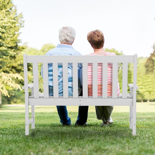 Giantex Outdoor Bench, 52-Inch Outside Bench All-Weather HDPE Park Bench with Backrest and Armrests, 705 lbs Weight Capacity, 2-Person Slatted Patio Bench for Porch, Yard, Lawn, Garden Bench (White)