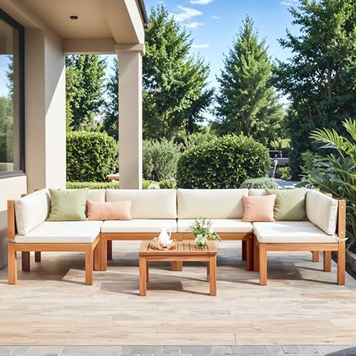 Devoko Outdoor Sectional Couch 7 Pieces Patio Sectional Sofa with Acacia Wood Coffee Table, Outdoor L-Shaped Couch with All-Weather Cushion for Patio,Deck,Backyard(White)