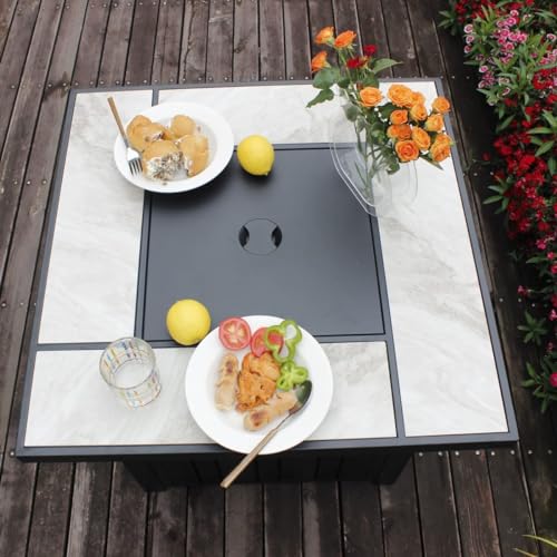 OutVue 30" Propane Fire Pit with Real Ceramic Tabletop, 50000 BTU Gas Firepit Table with Lid & Glass Rock, Outdoor Fire Pit for Dining or Party, Firepit for Outside, Patio, Garden, Yard