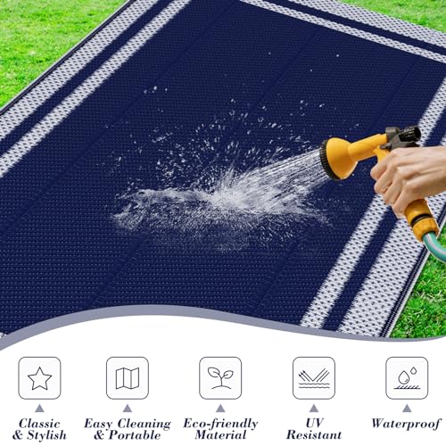 KMAT Outdoor Rug, Waterproof Reversible Patio Rugs, 5x8ft Large Outdoor Area Rug Foldable Plastic Camping Rugs for Outside RV, Patio,Picnic,Camper,Balcony,Porch (Blue &White)