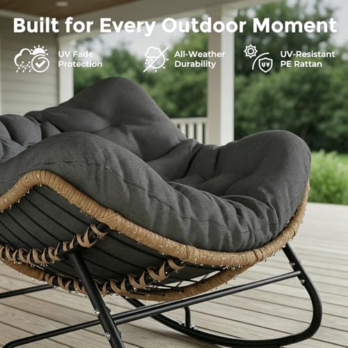 SWITTE Outdoor Papasan Rocking Chair, Oversized Patio Egg Chair with Thick Cushion, Indoor Wicker Lounge Rocker Bed for Balcony, Porch, Garden, Gray