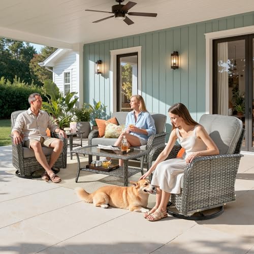 Weaxty Wicker Patio Furniture Set with Swivel Rocker Chairs Outdoor Loveseat Sofa and Rattan Coffee Table, 5 Pieces Outdoor Conversation Sets for Patio Porch Deck Backyard Poolside, Dark Gray