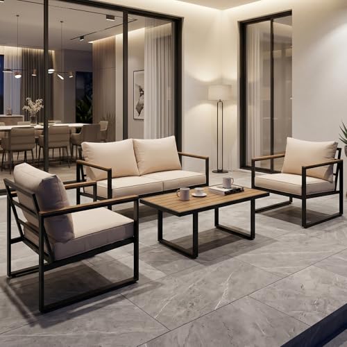 Xiacare Modern Patio Furniture Set, 4 Pieces Outdoor Conversation Set with Coffee Table, Metal Patio Furniture with 4" Washable Foam Cushions, Ships in 1 Box, Beige