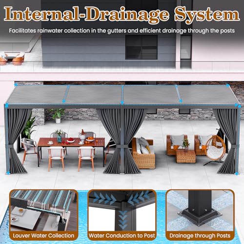 LEVELEVE 10' x 20' Louvered Pergola with Adjustable Roof, Outdoor Metal Patio Gazebo with Curtains & Netting, Gutter System, Large Hardtop Canopy for Garden, Deck, Backyard