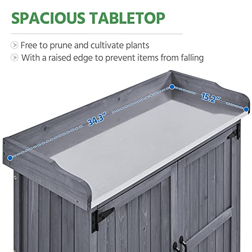 Yaheetech Garden Potting Bench Table, Outdoor Garden Horticultural Wooden Storage Cabinet & Solid Wood Planting Work Bench with Large Space Storage & Metal-Plated Tabletop, Gray