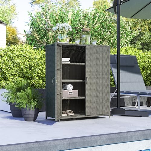 Outsunny Wicker Outdoor Storage Cabinet with Shelves, 4-Shelf Outdoor Pool Towel Cabinet with Two Doors, Rattan Patio Storage Shelves for Garden, Backyard, Porch, Dark Gray
