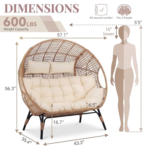 NICESOUL® Double Egg Chair Indoor Outdoor Stationary Oversized 6.5" Thick Padded Cushions,2 Person Egg Wicker Loveseat Chair, Extra Large Lounge Chair for Patio Balcony Porch Backyard Beige