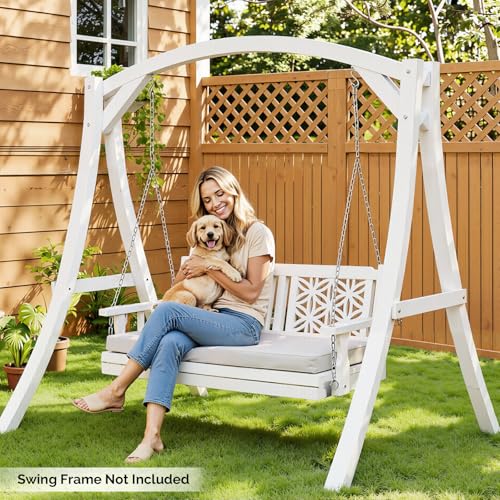 VINGLI 4.5 FT Outdoor Porch Swing with Cushions, Heavy Duty 880 LBS 2-Person Wooden Patio Swings with Eternal Flower Pattern and Fade-Resistant Seat Cushion for Yard, Garden, Tree (White)