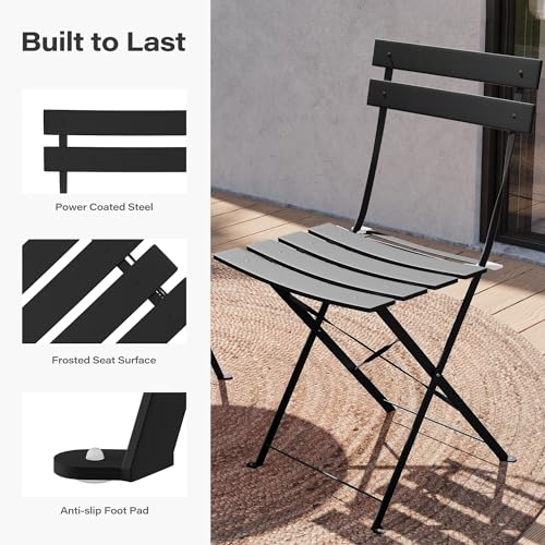EO Living 3-Piece Steel Folding Bistro Set, Premium Weather-Resistant Patio Table & 2 Chairs for Balcony, Garden, Yard, Poolside & Indoor (Black)