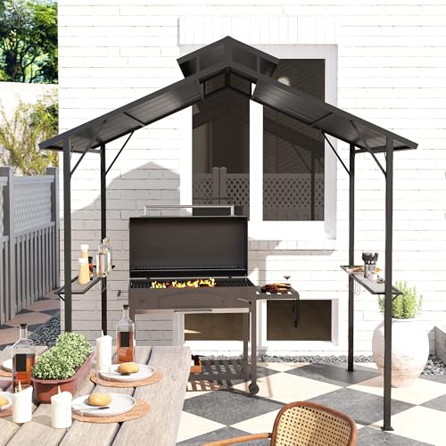 Outsunny 8' x 5' Hardtop Grill Gazebo, Outdoor BBQ Gazebo with Double Metal Roof, 2 Side Shelves and 10 Hooks, Grill Canopy for Patio Backyard Lawn Deck