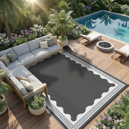 Garvee Outdoor Rug 5x8 Scalloped Waterproof Patio RV Outdoor Rugs Reversible Foldable Plastic Straw Rug Modern Camping Carpet for Deck Camper Porch Balcony Backyard Picnic Beach Grey