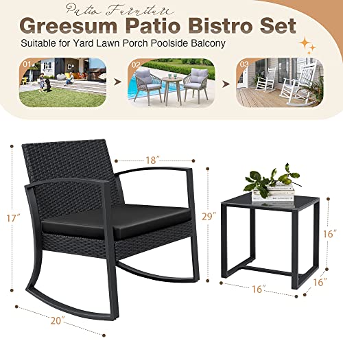 Greesum 3 Pieces Outdoor Furniture Set Patio Bistro Rocking Chairs with Glass Coffee Table for Pool Beach Backyard Balcony Porch Deck Garden, Dark Black