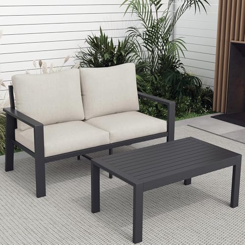 VONZOY Aluminum Outdoor Loveseat with Coffee Table Small Furniture Patio Love Seat Couch Outdoor Chairs with 4" Cushion Loveseats Sofa for Poolside,Balcony,Deck,Yard