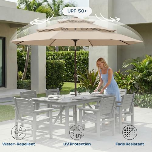 Patio Kingdom 10ft Patio Umbrella, 3 Tier Outdoor Market Table Umbrellas with 8 Fiberglass Ribs and Push Button Tilt, Windproof, Vented Canopy, UV Protection for Deck, Pool, Backyard, Beige