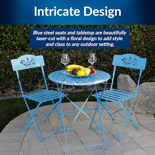 Alpine Corporation 3-Piece Bistro Set with Folding Table and 2 Chairs, Durable Steel Indoor/Outdoor Patio Furniture, Compact Seating, Blue